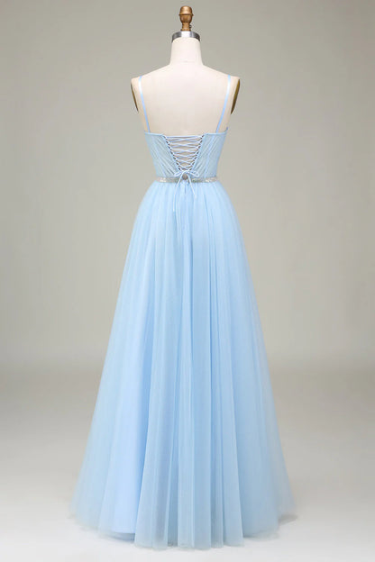 Shiny light blue A-shaped sticker sheer prom dress