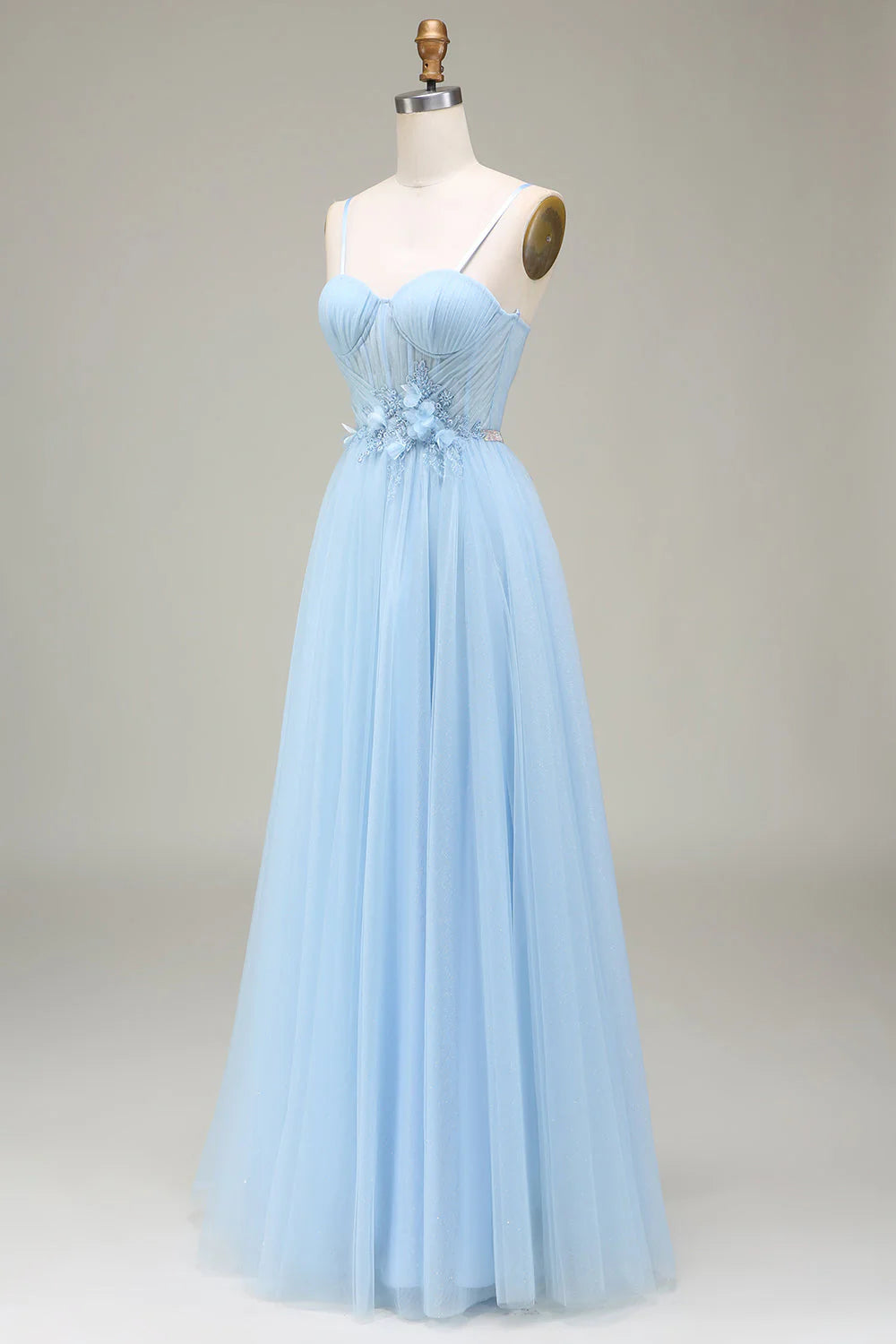 Shiny light blue A-shaped sticker sheer prom dress