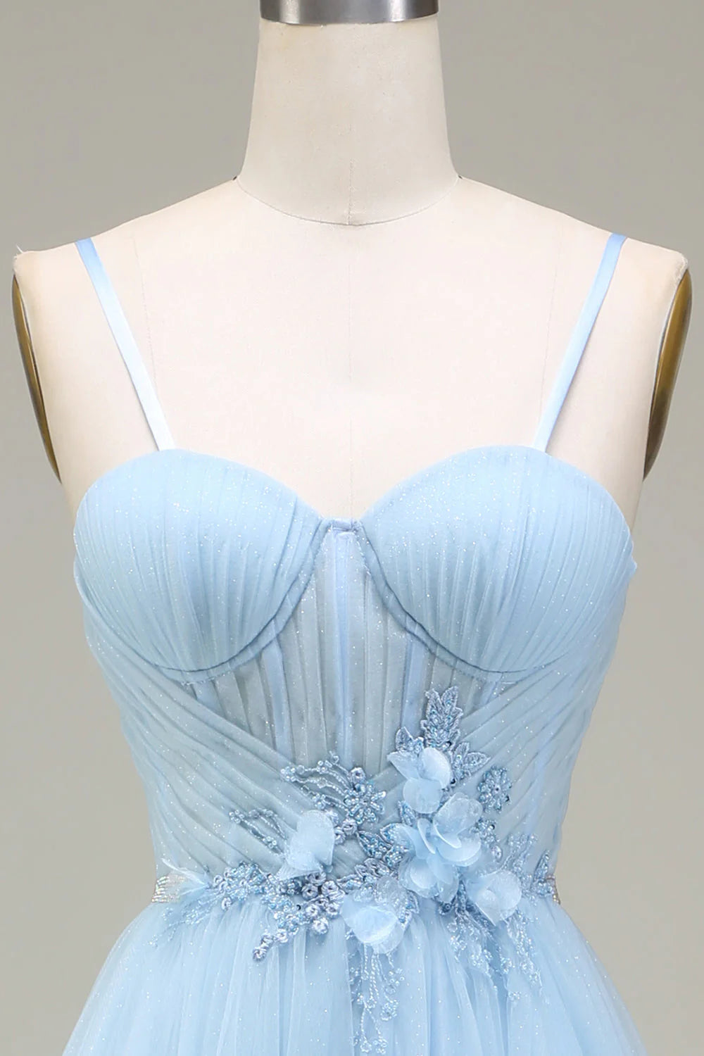 Shiny light blue A-shaped sticker sheer prom dress