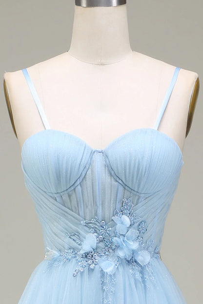 Shiny light blue A-shaped sticker sheer prom dress