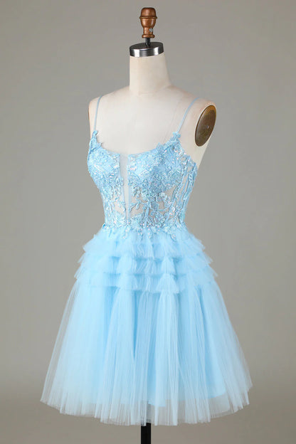 Blue Sparkling Cute Cocktail Dresses with Decals