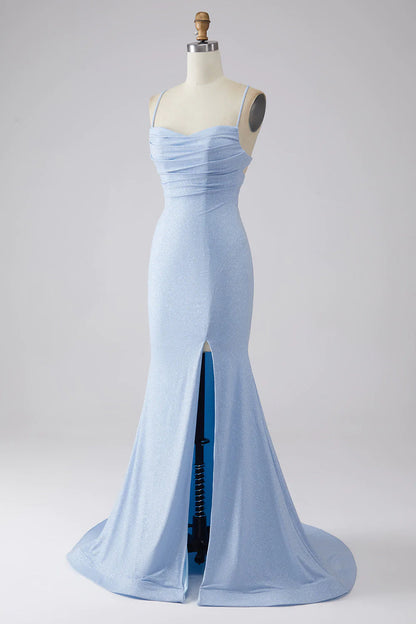 Light blue slit shiny fishtail prom dress