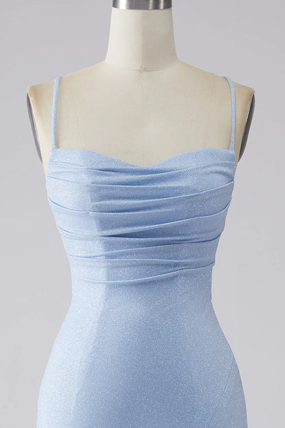 Light blue slit shiny fishtail prom dress