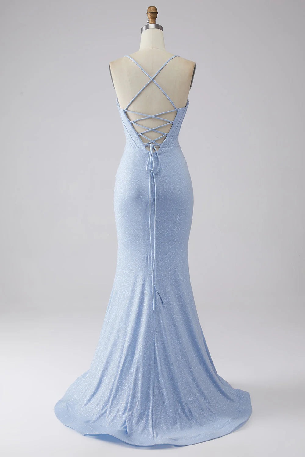 Light blue slit shiny fishtail prom dress