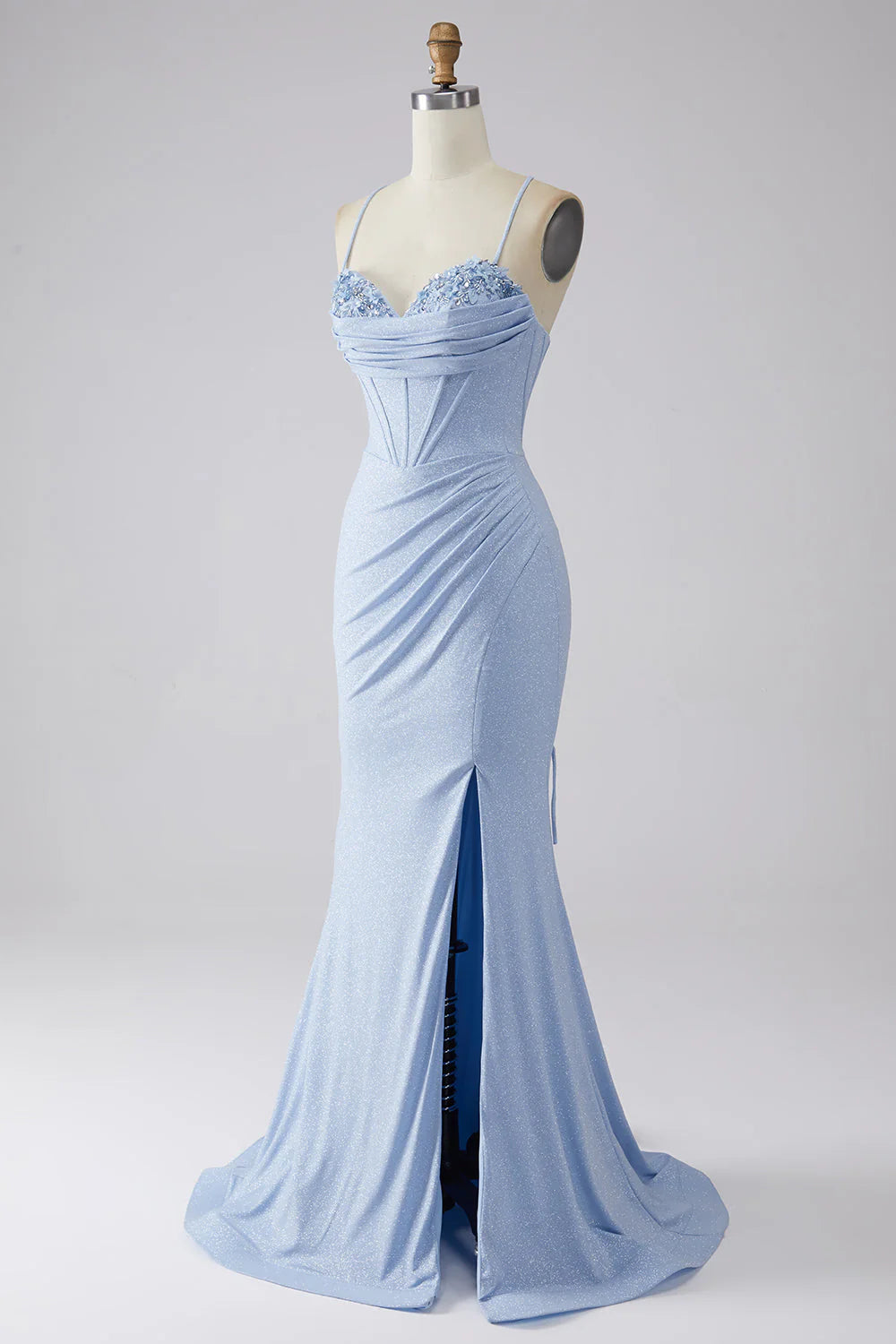 Light blue slit shiny fishtail prom dress