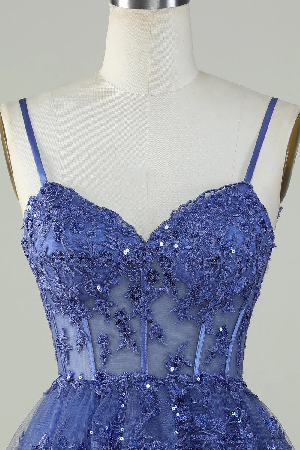 Cute A-line thin shoulder strap dark blue shiny tight fitting corset Cocktail Dresses