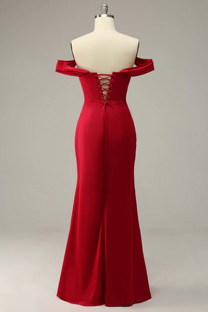 Fish Tail Off Shoulder Wine Red Plus Size Front Split Prom Dress