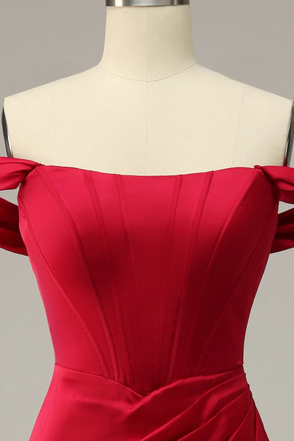Fish Tail Off Shoulder Wine Red Plus Size Front Split Prom Dress