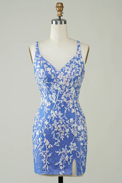 Tight V-neck blue short back decal cross over Cocktail Dresses