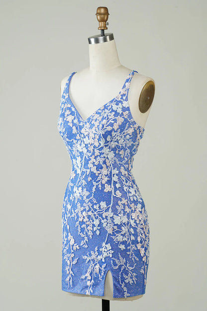 Tight V-neck blue short back decal cross over Cocktail Dresses