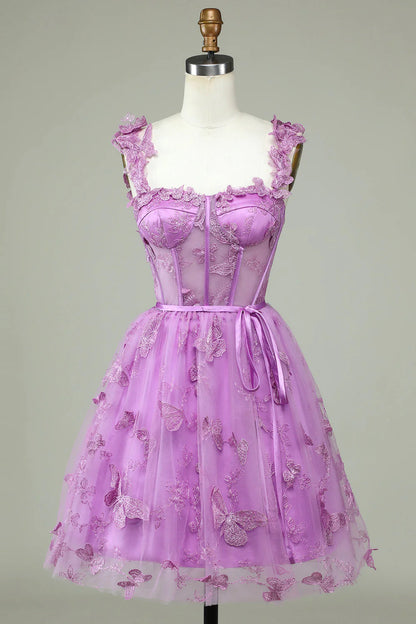 Cute A-shaped Sweetheart Purple Tight Corset with Applique Cocktail Dresses