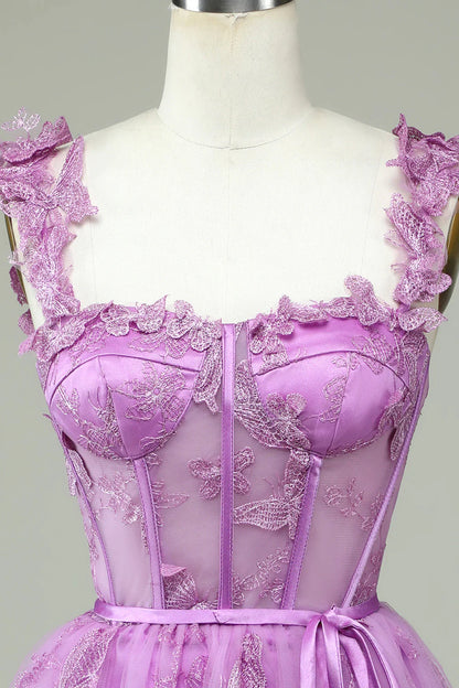 Cute A-shaped Sweetheart Purple Tight Corset with Applique Cocktail Dresses