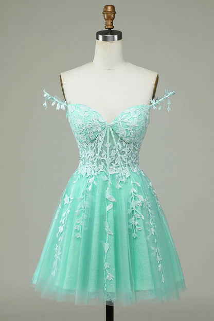 Cute A-shaped thin shoulder strap with mint color sticker short Cocktail Dresses