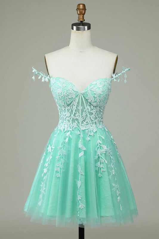 Cute A-shaped thin shoulder strap with mint color sticker short Cocktail Dresses
