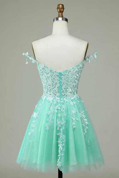 Cute A-shaped thin shoulder strap with mint color sticker short Cocktail Dresses