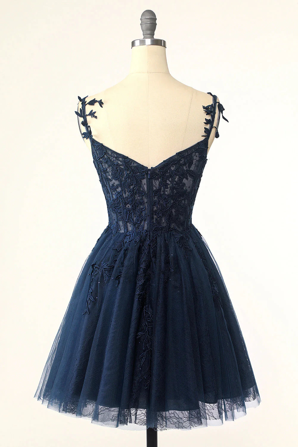 Navy Blue Thin Shoulder Strap Applique Short Cocktail Dresses