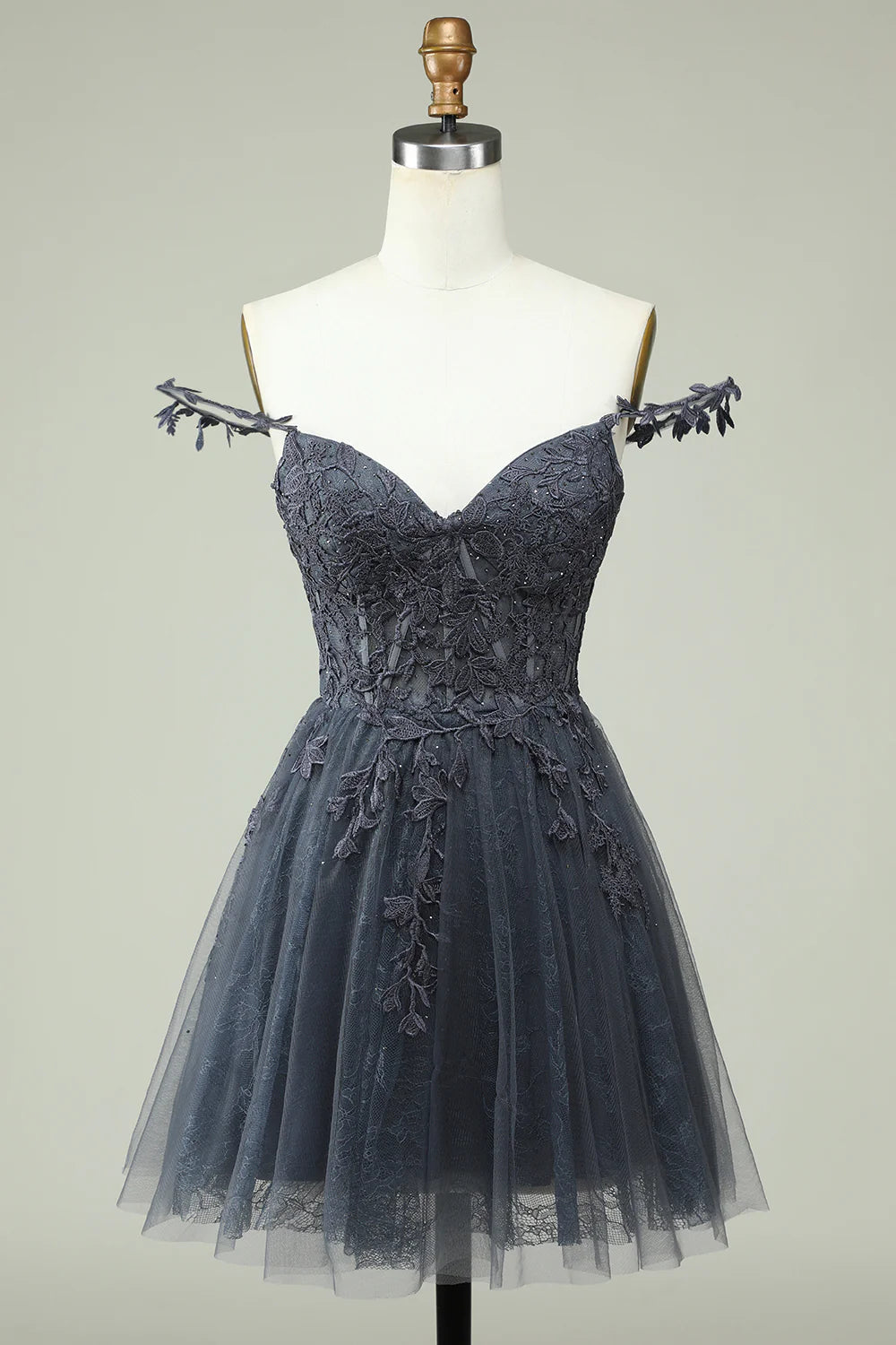 Navy Blue Thin Shoulder Strap Applique Short Cocktail Dresses