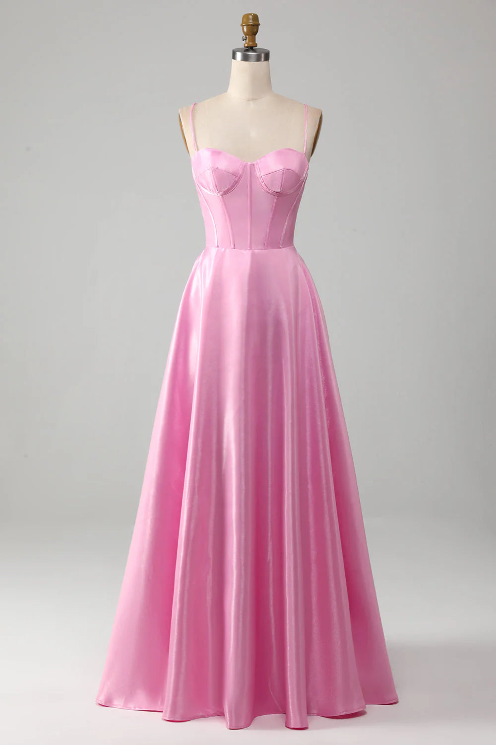 A-shaped thin shoulder strap pink tight fitting corset prom dress
