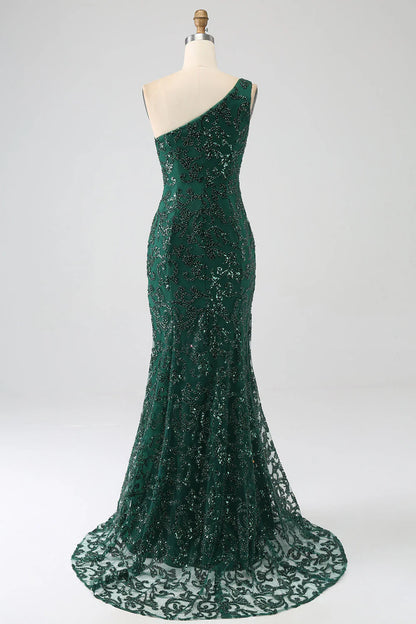 Shiny dark green beaded slit long fishtail lace prom dress