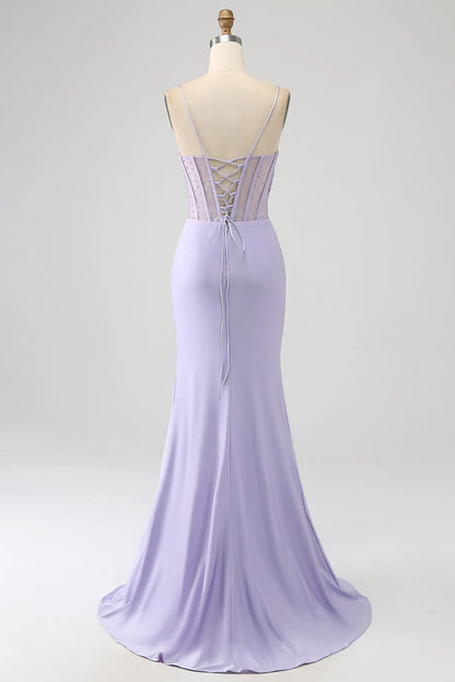 Sequin light purple tight fitting corset fish tail long slit prom dress
