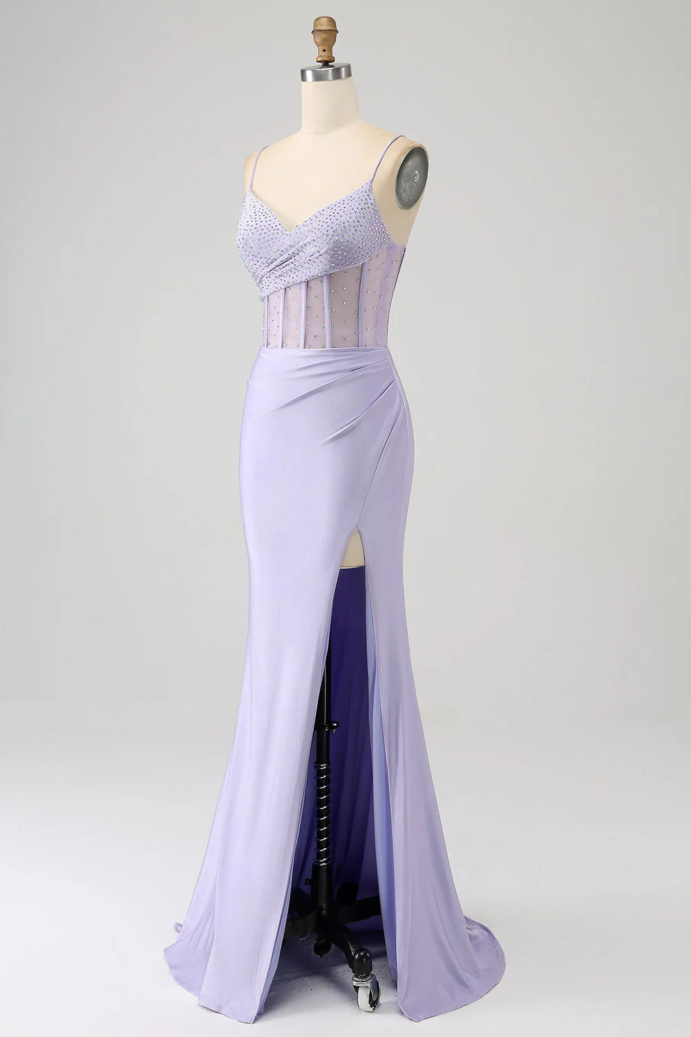 Sequin light purple tight fitting corset fish tail long slit prom dress
