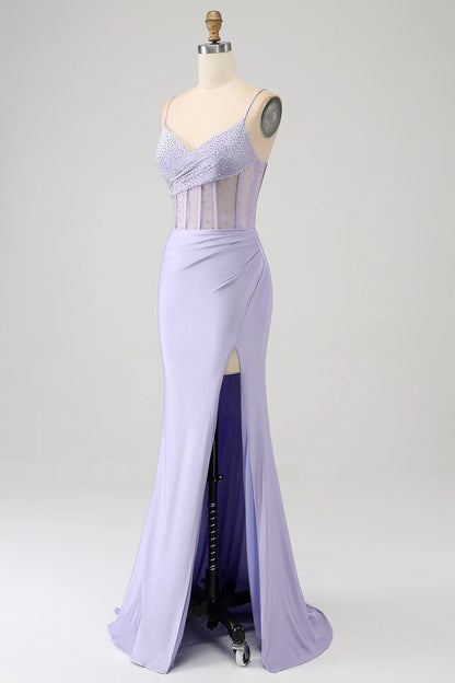 Sequin light purple tight fitting corset fish tail long slit prom dress