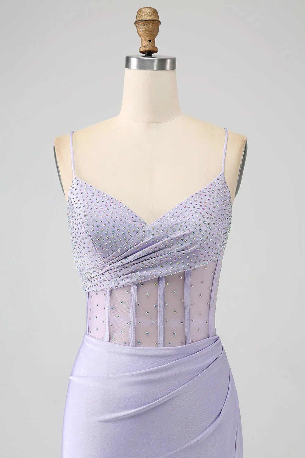 Sequin light purple tight fitting corset fish tail long slit prom dress