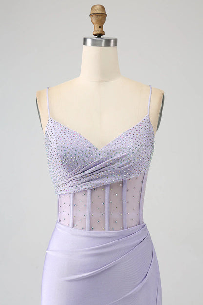Sequin light purple tight fitting corset fish tail long slit prom dress