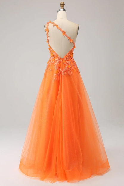 Orange One shoulder A-shaped sheer long sticker prom dress