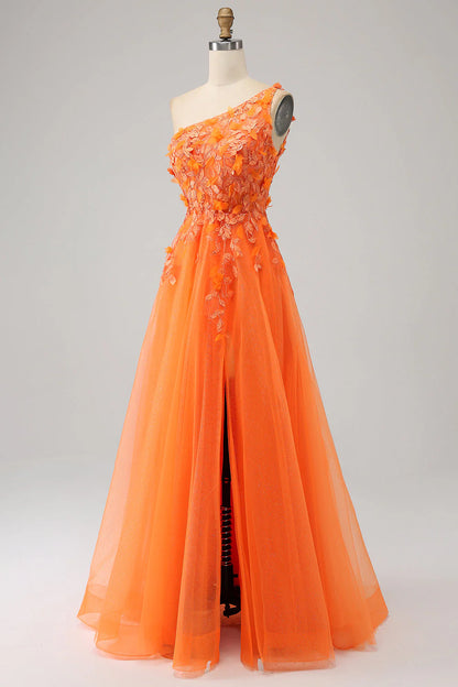 Orange One shoulder A-shaped sheer long sticker prom dress
