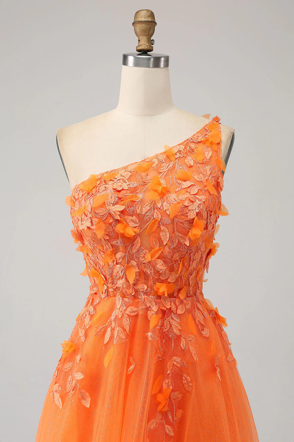 Orange One shoulder A-shaped sheer long sticker prom dress