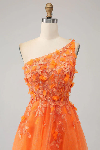 Orange One shoulder A-shaped sheer long sticker prom dress