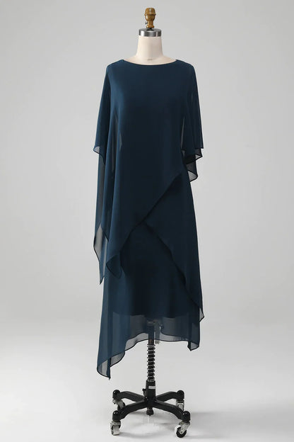 Elegant Relaxed Shift Silhouette Round Neck Cape Sleeve Closed Back Midi Mother of the Bride Dress