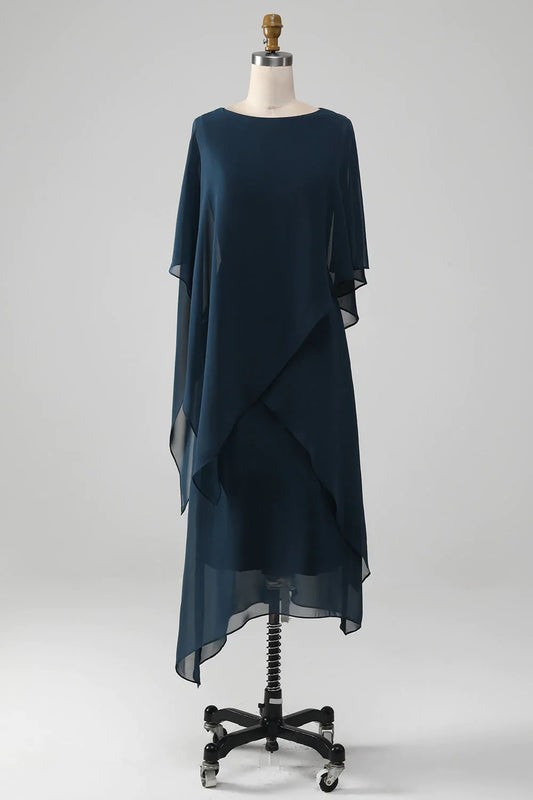 Elegant Relaxed Shift Silhouette Round Neck Cape Sleeve Closed Back Midi Mother of the Bride Dress
