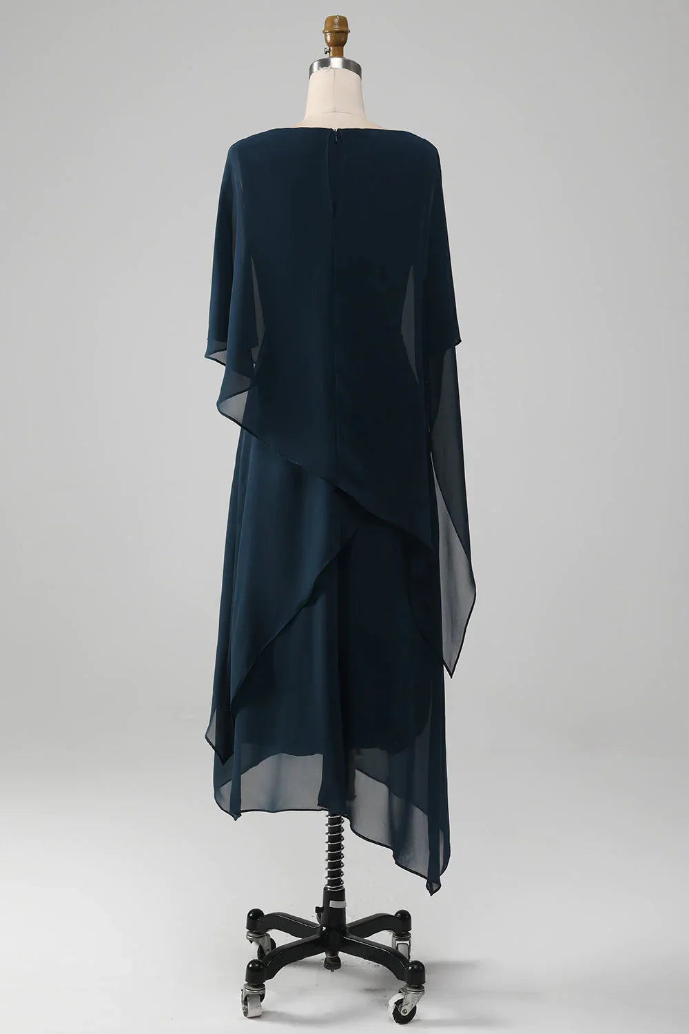 Elegant Relaxed Shift Silhouette Round Neck Cape Sleeve Closed Back Midi Mother of the Bride Dress
