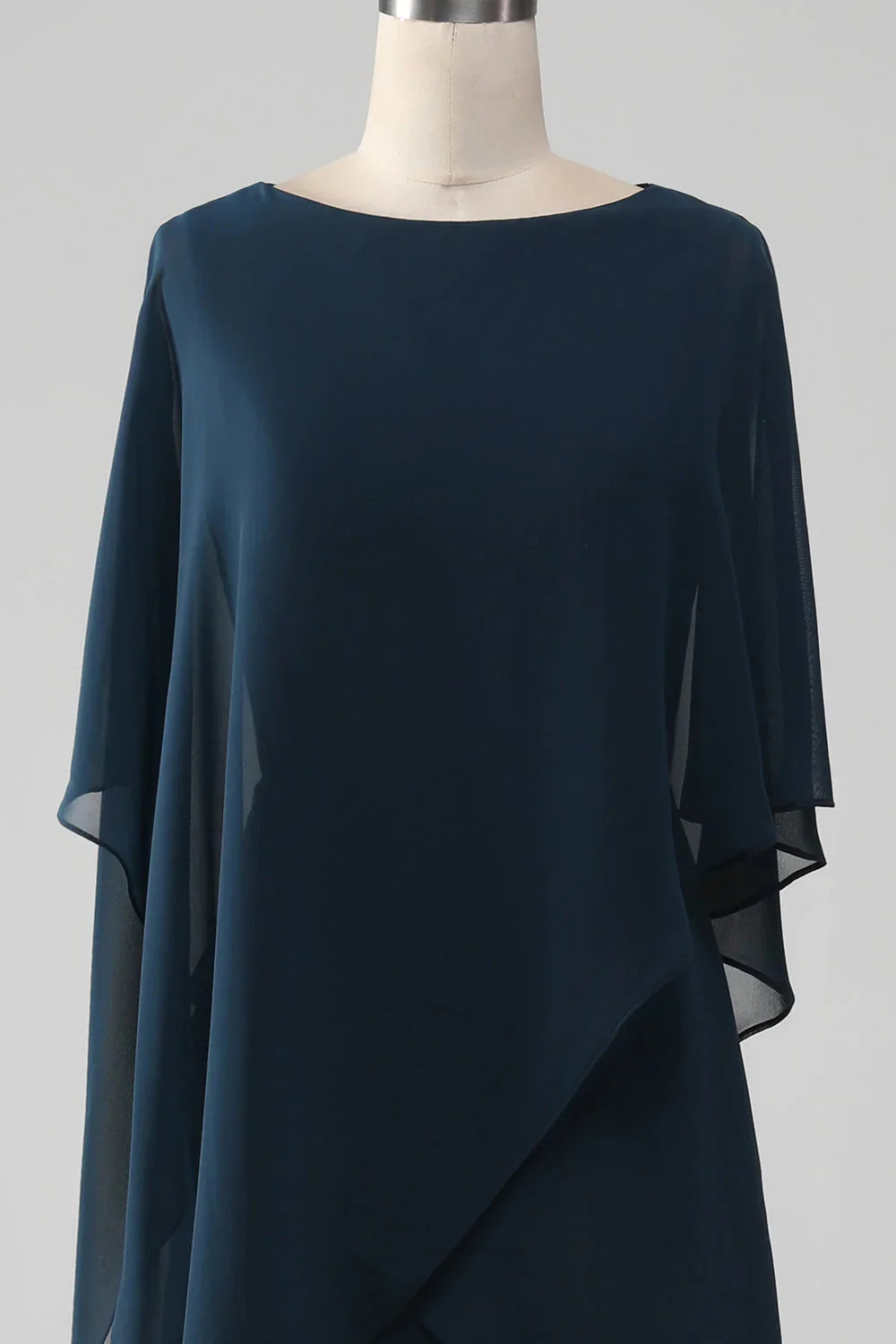 Elegant Relaxed Shift Silhouette Round Neck Cape Sleeve Closed Back Midi Mother of the Bride Dress