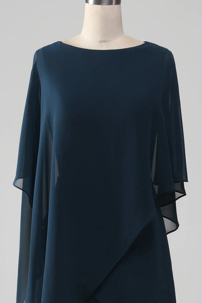 Elegant Relaxed Shift Silhouette Round Neck Cape Sleeve Closed Back Midi Mother of the Bride Dress