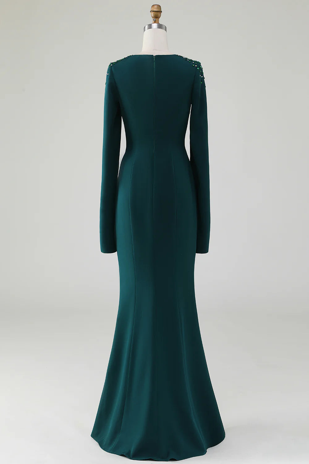 Deep green fishtail round neck bridal mother dress with beaded cape sleeves