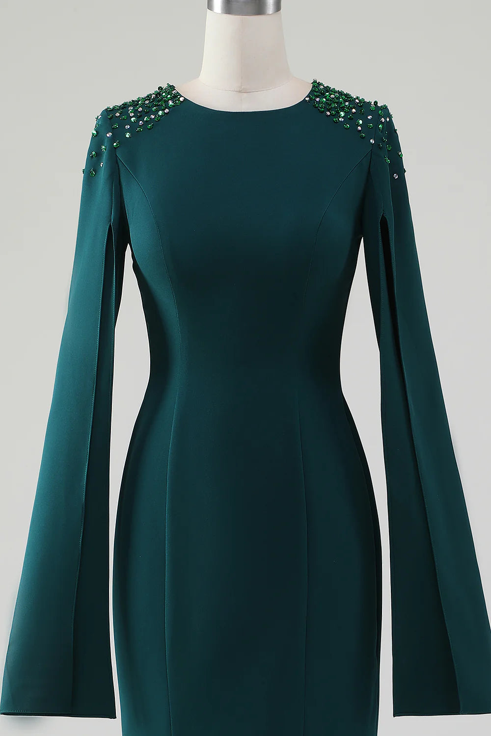 Deep green fishtail round neck bridal mother dress with beaded cape sleeves