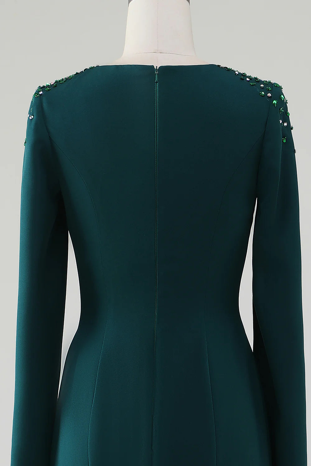 Deep green fishtail round neck bridal mother dress with beaded cape sleeves
