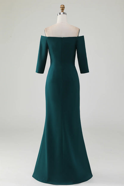 Deep green fish tail off the shoulder layered ruffle edge bridal mother dress