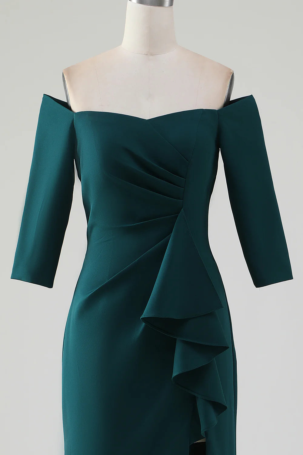 Deep green fish tail off the shoulder layered ruffle edge bridal mother dress