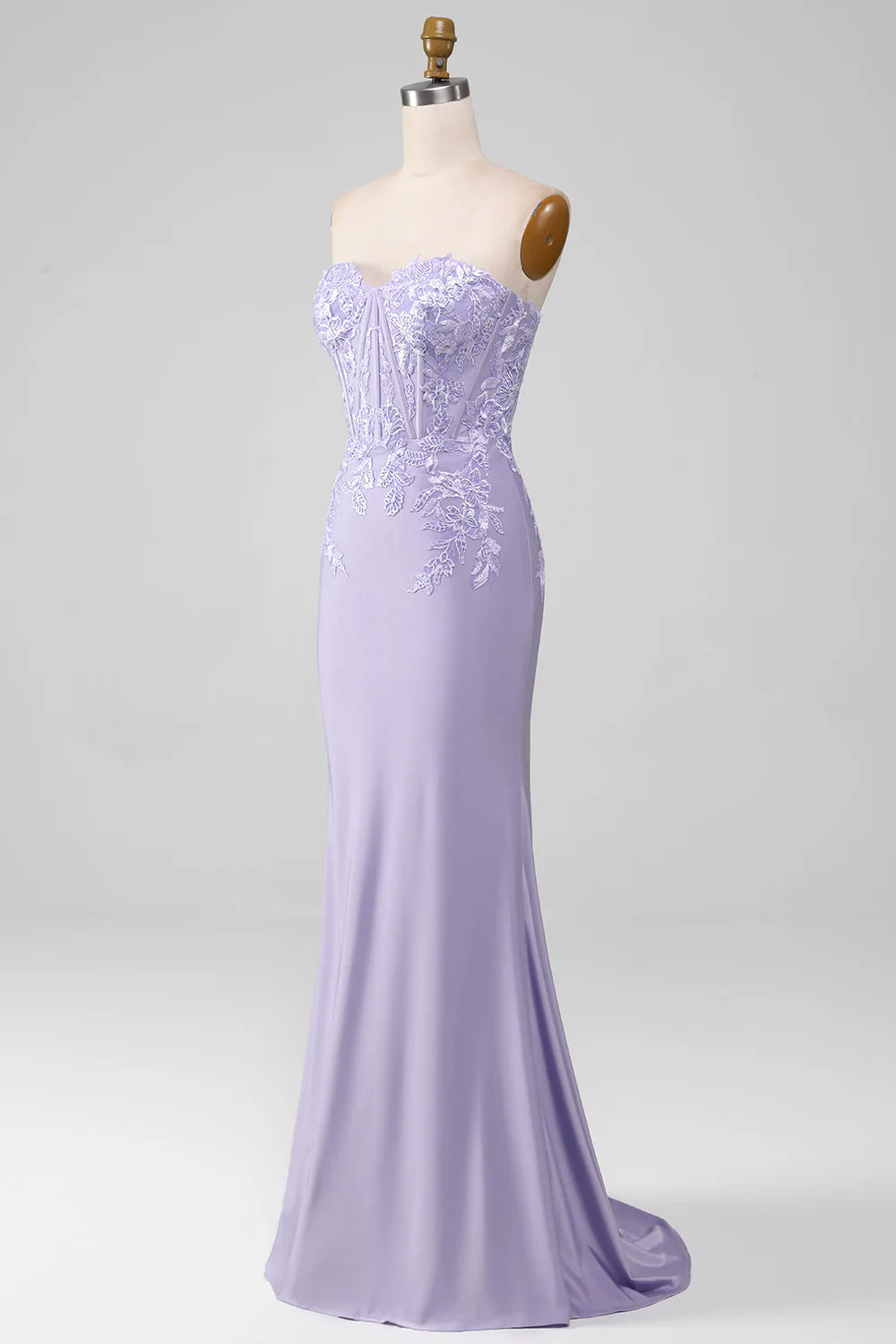 Light purple tight strapless lace applique tight fitting corset prom dress