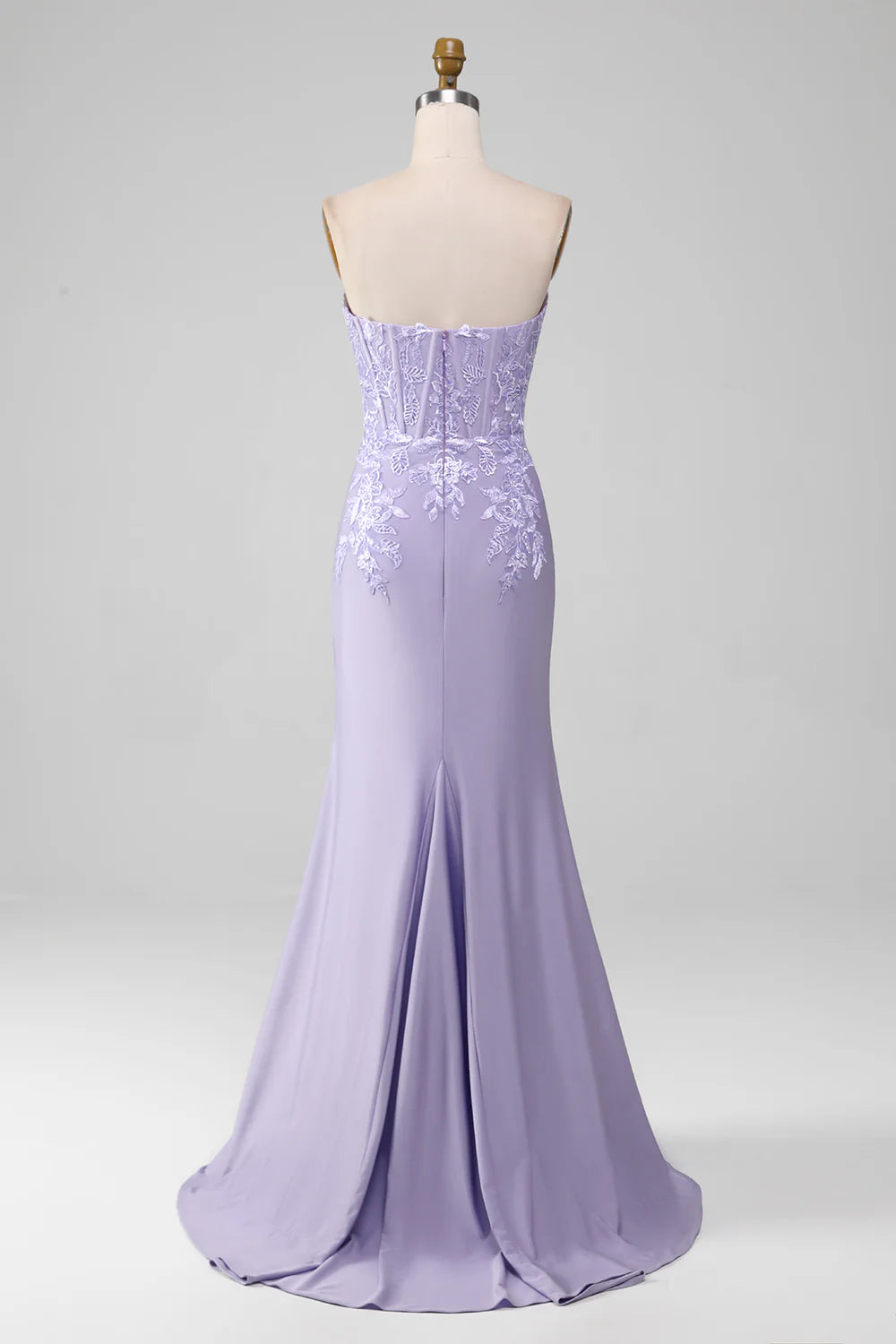 Light purple tight strapless lace applique tight fitting corset prom dress