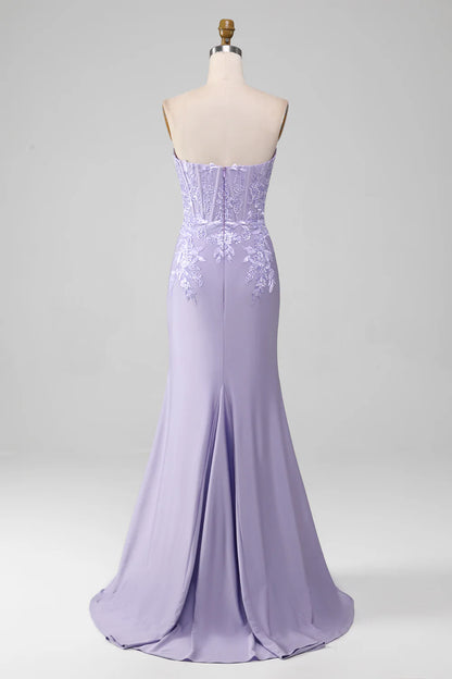Light purple tight strapless lace applique tight fitting corset prom dress