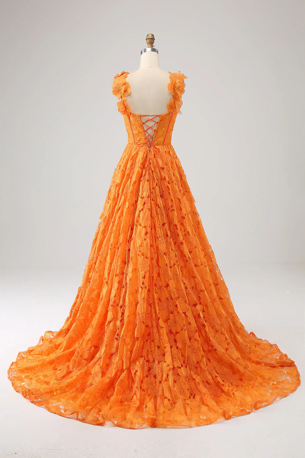 Orange A-shaped floral lace with long prom dress