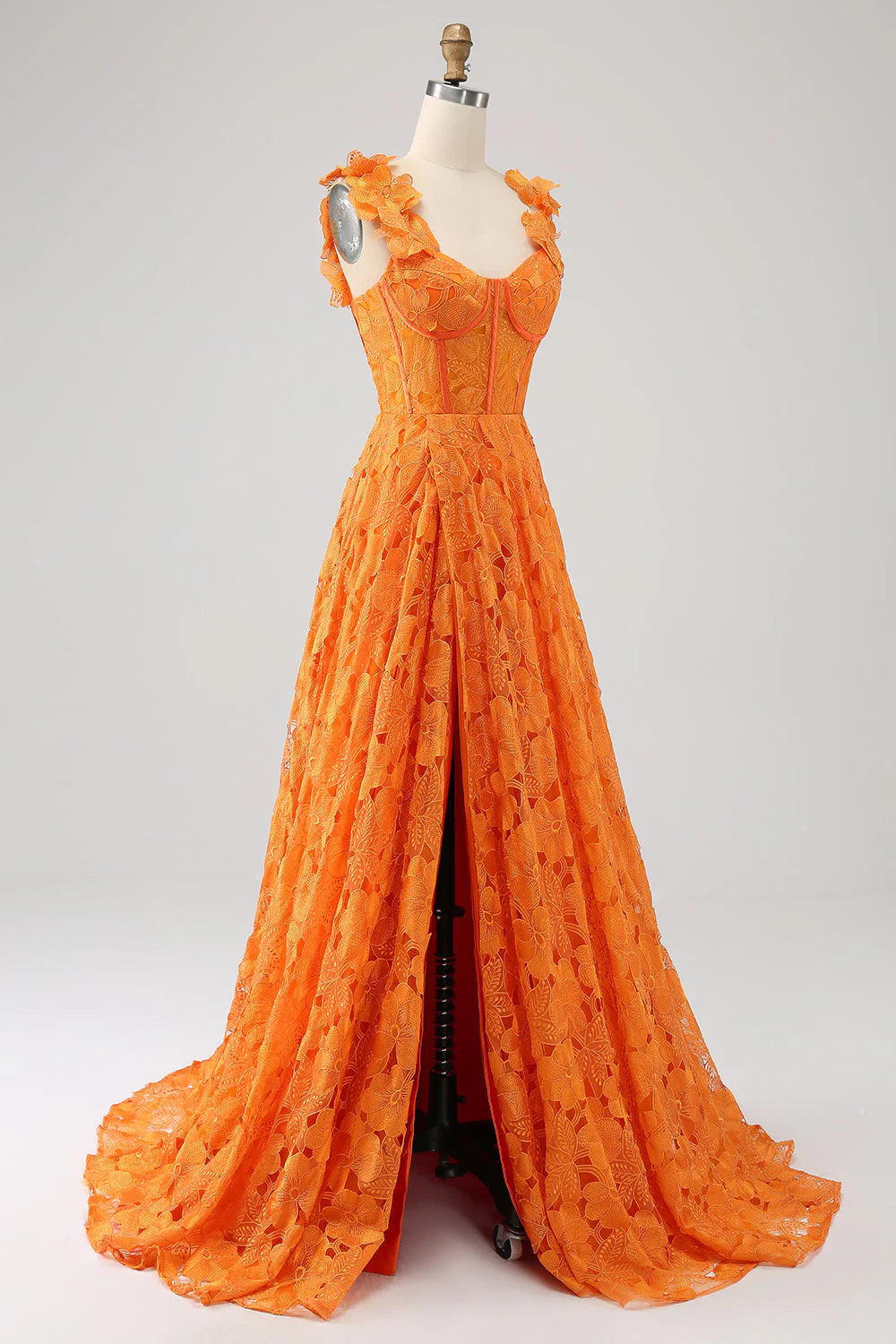 Orange A-shaped floral lace with long prom dress