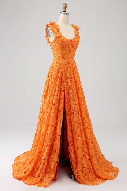 Orange A-shaped floral lace with long prom dress
