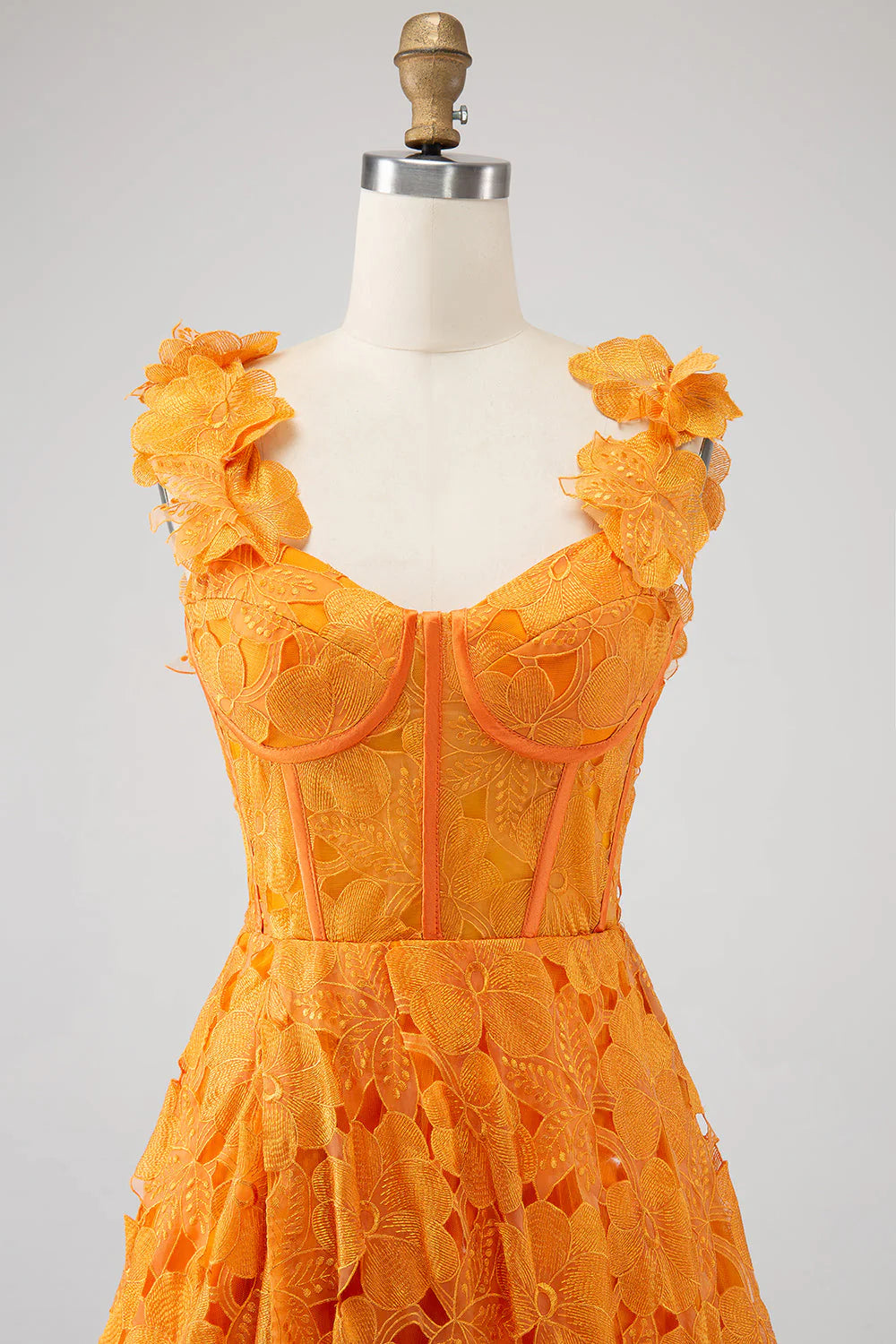Orange A-shaped floral lace with long prom dress