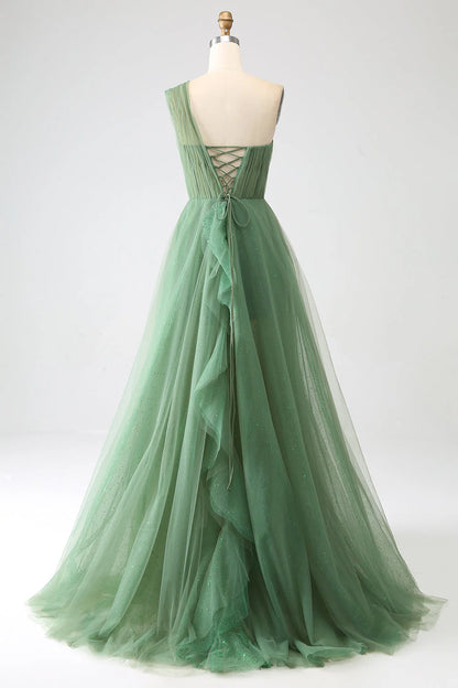 Deep green sheer A-shaped shoulder length prom dress